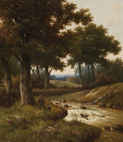 Bewaldete Flusslandschaft mit Häusern im Hintergrund von Hendrik Pieter Koekkoek